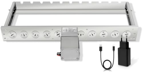 Andreas Dell Elektrischer Spießdreher BBQ Rotisserie Set mit regulierbaren Motor – Edelstahl Grillaufsatz für Gas-, Holzkohle- & Elektrogrill – verstellbar, breit 58 cm – 220V + USB (Ohne 11 Spießen)
