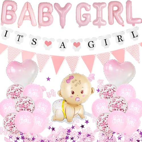 Welcome Home Baby Girl Decorations - 30 Pcs Pink Themed Baby Shower Balloons Decorations Set Its A Girl Banners Hearts Crawling Foil Balloons for Gender Reveal Party Decor
