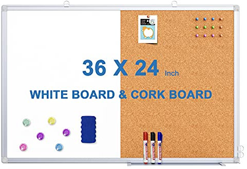 Pizarra de borrado en seco y tablero de corcho, pizarra blanca magnética combinada para pared de oficina, pizarra blanca de 36 x 24 pulgadas, tablero de visión para oficina en casa con 3 marcadores, 1