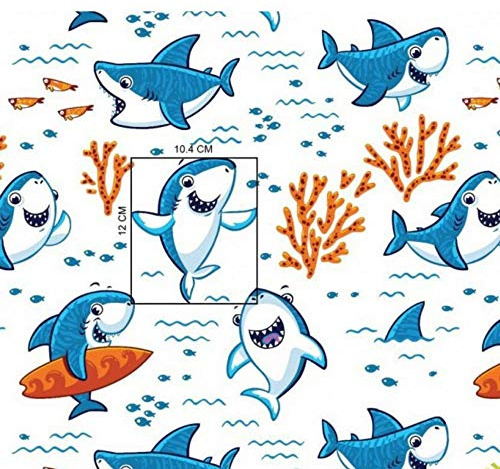 Pingianer 11,99 €/m fisk val, 100 % bomull, bomullstyg, barn, metervara, hantverk, sömnad, tyg (haj, surfbräda, vit, 100 x 160 cm (11,99 €/m))