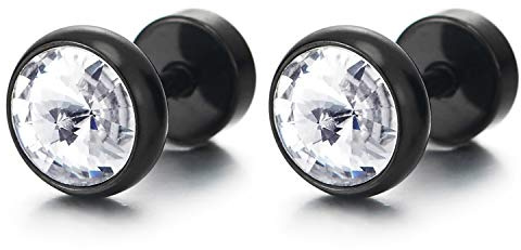 2 Noir Boucles d'oreilles avec Zircon Cubique 6MM Homme Femme - Bouchon Jauge Faux Cheater Fake Gauges Plugs Acier
