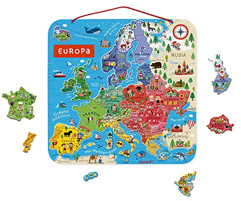 Janod - Magnetisches Puzzle Europakarte - Pädagogisches Holzpuzzle zum Lernen der Geographie - Europareise mit 40 Magneten - Zum Aufhängen an der Wand - Spanische Version - Ab 7 Jahren, J05474