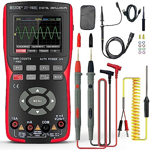 BSIDE ZT-702S DIY Oscilloscope Kit 2 in 1 Digital Multimeter TRMS with Handheld Automotive Oscilloscope 10Mhz Colour Display 9999 Counts Rechargeable Scope Meter with Memory for Electronics Workshop