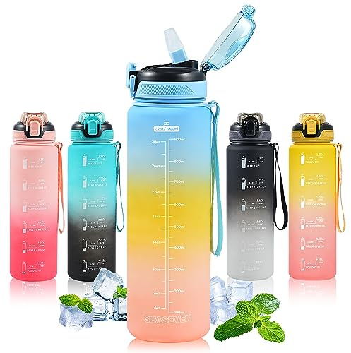 SEASEVEN Sports 1L Water Bottle with Straw for Gym,Office(Blue-Pink) | Drinks Bottle,1 Litre Water Bottles with Time Markings,Girls Boys Waterbottle Leak-Proof & Bpa-Free for Outdoor
