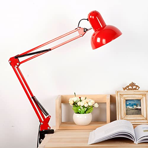 Chao Zan LED Schreibtischlampe | verstellbare Klemmleuchte mit Gelenkarm für Büro, Arbeitszimmer und Schreibtisch | elegante Bürolampe aus Metall | E27 Fassung | ohne Leuchtmitte (Rot)