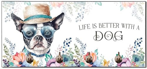 Cadouri Design-Hundegarderobe mit Boston Terrier - Leinenhalterung für Halsband, Leine & Geschirr - originelles Geschenk für Hundebesitzer - handgefertigt