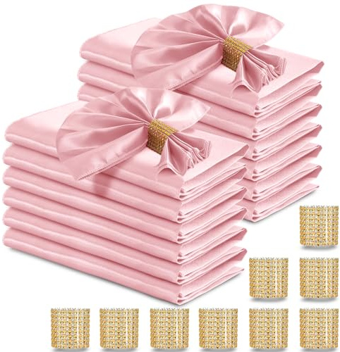 RUDONG M 100 Pcs Light Pink Satin Napkins and Napkin Rings Set, 17 x 17 Inch Square Cloth Napkins Set of 50, Silky Soft Table Napkins Bulk for Weddings, Banquet, Parties Dinner Decoration