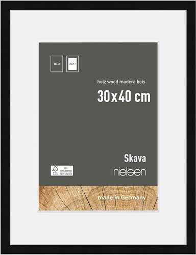 nielsen Skava Wooden Picture Frame - Black 30x40cm with White Mount to fit A4 photo - Float Glass and Easy Push-Turn Clips