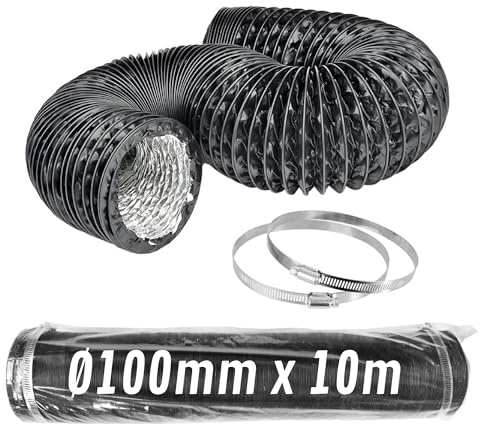 CONTROL GARDEN Tubo flessibile in alluminio, colore nero, Ø 100 mm, lunghezza 10 m, condotto aria ventilazione + 2 morsetti in acciaio, tubo flessibile estrattore dell'aria