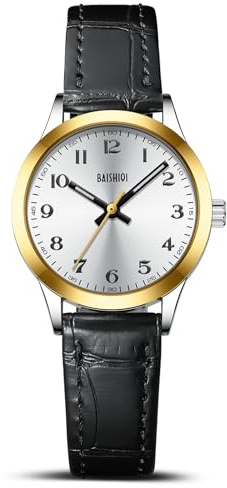 BAISHIOI Damklockor analog kvartsur dam vardagsklocka lättläst vattentät armbandsur för kvinnor klassiska affärer kvinnor klockor med svart läderrem, Guld, Klassisk
