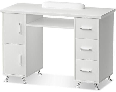 DeerDean White Manicure Table Nail Desk Acetone Resistant Nail Tech Desk Table Station with Extended Drawers & Cabinets & Wrist Cushion