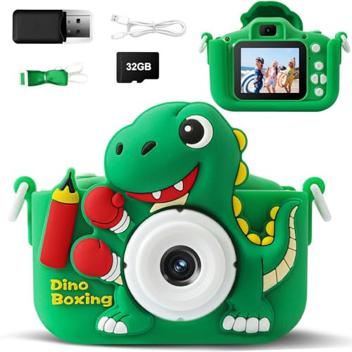 SHZYGQ Appareil Photo pour Enfants Dinosaure, 1080P HD Selfie Caméra Vidéo, Zoom Numérique 8x, 32 Go, pour Enfants de 3-12 Ans
