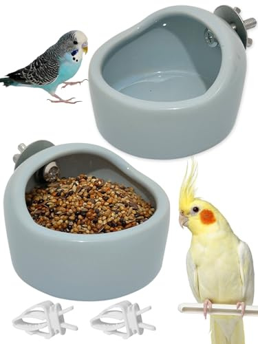 Niwaes 2 Pcs Pet Bird Bowls Ceramic Birds Cage Feeder Hanging Parrot Food Bowl Bird Cage Food Bowls for Budgie Finches Lovebirds Parakeet Cockatiels (Blue)