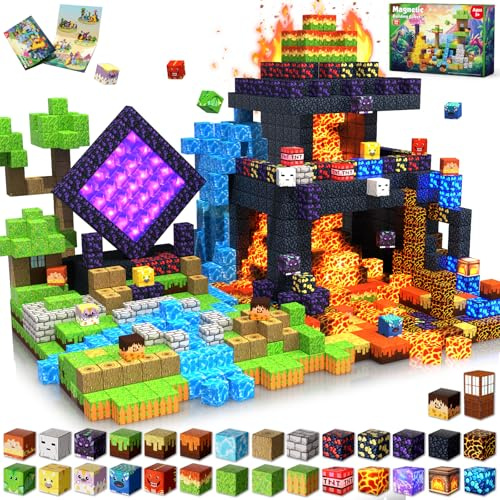 GraceDuck Cube Magnétiques 300 Pièces Set Dinosaures et Volcan - Bloc de Construction Magnétique avec Lave et Forêt - Jouet de Construction Magnetique Enfant - Magnetic Blocks Cadeau STEM dès 3-9 Ans