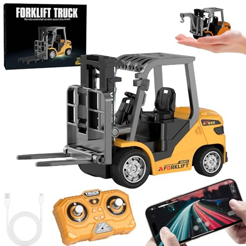 OBEST Mini RC Giocattolo Carrelli Elevatori,1:64 2,4 GHz Carrello Elevatore, Metallo Veicoli da Costruzione, Pallet/Gancio Sospeso, Controllo App, 3 Posizioni di Velocità, luce e Suono, Ricarica USB