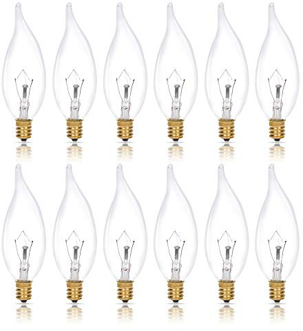 Simba Lighting Candelabra Flame Tip Clear CA10 25W E12 Base (12 Pack) Decorative Incandescent Light Bulbs 120V for Chandeliers, Ceiling Fan Lights, Pendants, Wall Sconces, Dimmable, Warm White 2700K