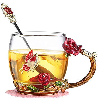 evecase Enamel Butterfly Flower Glas Kaffeetassen Teetasse Geschenke für Frauen.Personalisierte Geschenke für Mama y Freundin zum Geburtstag Weihnachtsgeschenke Muttertagsgeschenk