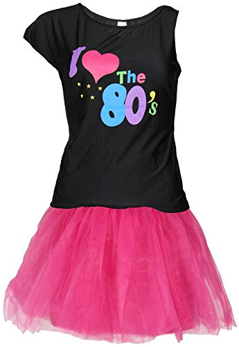 80er Jahre Damen Kostüm - pinkes Tutu und schwarzes neon Shirt - Größe S-XXL - Ballet Fasching Karneval Tüll Rock kurz, Größe:XXL