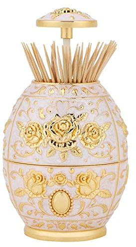 MOUMOUTEN Dispensador Palillos Aleación Zinc Retráctil Floral Color Oro | Caja portátil en forma de huevo con mecanismo manual, almacena palillos de dientes para hogar y viajes.