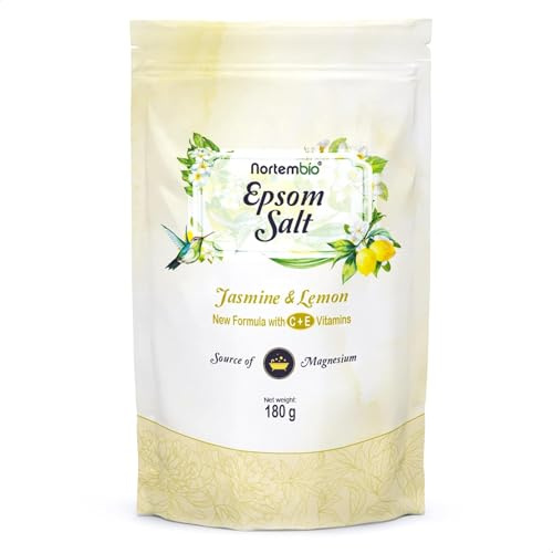 Nortembio Sales de Epsom 100% Fragancia Jazmín y Limón 180 g – Fuente Natural de Magnesio | Con Vitamina C y E Hidratante | Para Baños Relajantes, Spa y Cuidado de la Piel + E-Book Gratis
