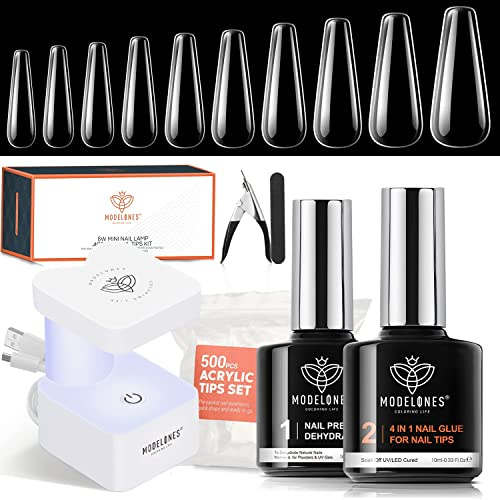 Modelones Kit de faux ongles et de gel de colle, kit d'ongles en acrylique 4 en 1, lampe à ongles ultra portable avec 500 ongles cercueil, déshydratation des ongles, outils de nail art tout-en-un