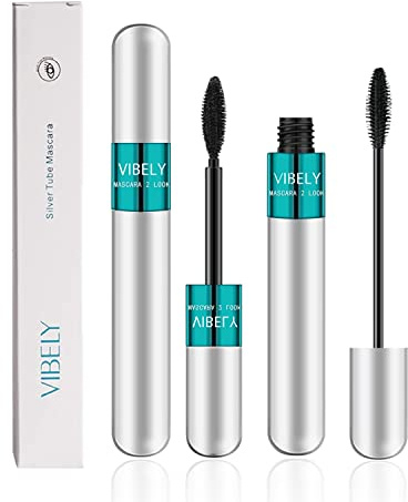 2PCS Fiber Lash Mascara 4D Silk 2 in 1 Mascara Natural Lengthening and Thickening Effect No Clumping Waterproof Smudge-Proof Black (Colour, # 2PCS/SET B)