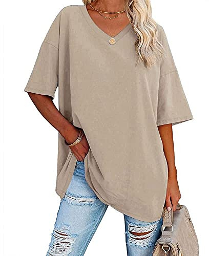 Famulily Women's Short Sleeve T Shirts Half Sleeve V Neck T Shirts Comfy Cotton Loose Tunic Blouse Tops Beige L