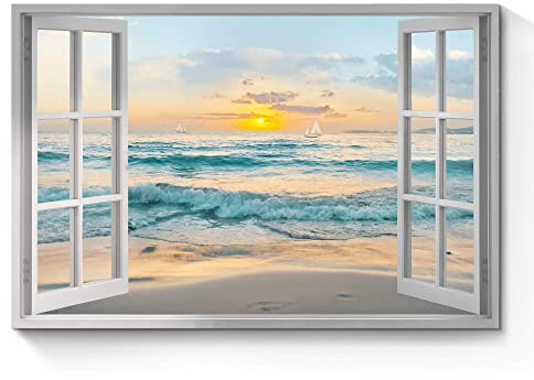 Window View Canvas Wall Art: Open Window Beach Coastal Sailboats Picture Large Blue Ocean Waves Artwork Natural Sunset Seascape Prints Modern Sea Scenery Painting for Bedroom Bathroom Home Office