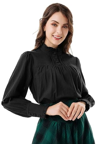 Scarlet Darkness Viktorianische Bluse für Frauen Baggy Baumwolle Langarm Renaissance Shirt, Schwarz, Mittel