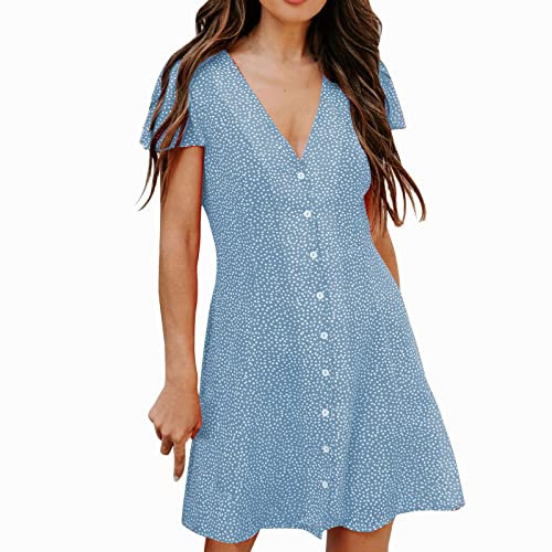 AMDOLE Kurzes Kleid mit V-Ausschnitt, kurzärmelig, gepunktet, V-Ausschnitt, Knopfleiste, Mini-Kleid, elegantes Sommerkleider für Damen, hellblau, XXL