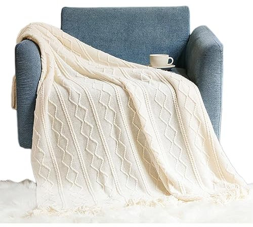 Zoomlie Strickdecke mit Fransen, Rautenmuster, weich, warm, dick, Winterdecken, wendbar, gemütliche Decke für Bett, Sofa, Stuhl, Couch, Auto (cremefarben, 127 x 180 cm)