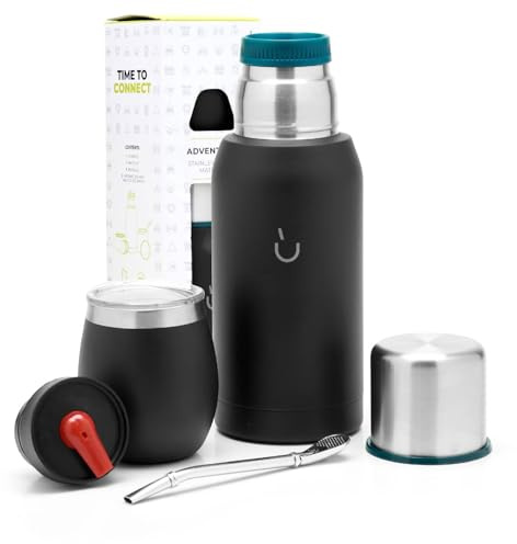 BALIBETOV Kit Maté Argentin 6 Pièces – Calebasse Maté en Acier avec Couvercle, Bombilla, Récipient Isotherme pour Boisson Mate avec 2 Bouchons (Pico Cebador) – Compatible Lave-vaisselle (Noir)