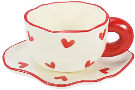 Koythin Set di tazze da caffè in ceramica, simpatiche e creative con piattino a forma di cuore, per ufficio e casa, lavabili in lavastoviglie e adatte al microonde, 180 ml, per latte, tè, latte (cuore
