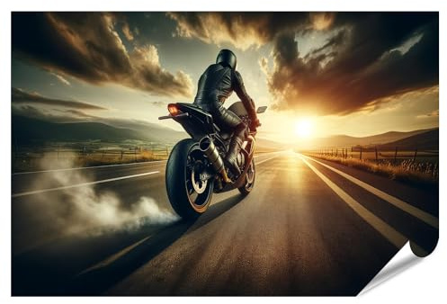 islandburner XXL Bild Poster Motorrad Fahrer auf Rennsemmel gen Sonnenuntergang Premium Bilder Fotodruck