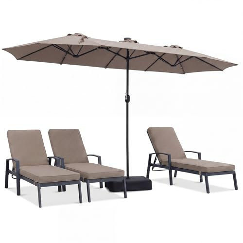 RELAX4LIFE Ombrellone da Giardino 4 x 2 M con Luci LED, Ombrellone Grande con Base e Apertura Manovella per Patio, Terrazzo, Balcone e Ristorante (Caffè-Base+Luci, 4 x 2 M)