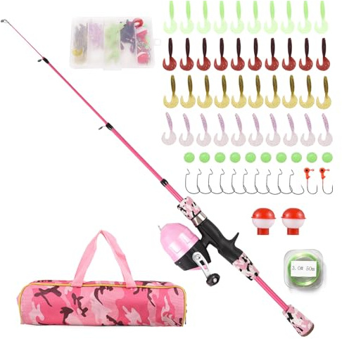 SOUUXIU Combo de Carrete y caña de Pescar, Kit Combinado de caña de Pescar y Carrete telescópico para niños, con señuelos de Pesca, líneas de Pesca, anzuelos