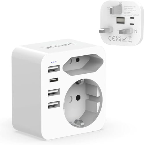 Adattatore Presa Inglese, Adattatore Spina Inglese Con 3 USB e 1 USB C(3.4A,17W), Adattatore UK Con Spina Europea e Schuko, Adattatore Di Tipo G Adatto per Regno Unito, Irlanda, Dubai, Maldive