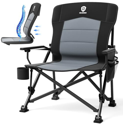 EVER ADVANCED Campingstol, vikbar upp till 230 kg, XL, ländryggsstöd, fällstol, 62 cm, sittbredd med sidoficka, mugghållare, överdimensionerad vikbar stol, fiskestol för camping, utomhus, balkong