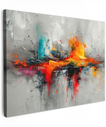 MuchoWow© Leinwandbild Dekoration Wohnzimmer Bilder Pictures Wall | 80x60 cm - Decoration Living Room Wohnungs Deko Moderne Bild Modern - Kunst - Orange - Grau - Abstrakt
