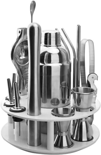 Juego de coctelera de 20 piezas, kit de barman de acero inoxidable con soporte giratorio, kit de fabricación de cócteles para bar en casa, herramienta definitiva para mezclar bebidas, kit de coctelera