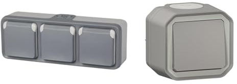 Legrand 191515 Plexo Prise murale triple étanche et résistante à l'eau Gris - Version espagnole & Interrupteur Mural Etanche Simple ou Va-et-vient 10A Plexo - Commande d'Éclairage Complète