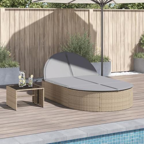 Tidyard Doppel-Sonnenliege mit Auflagen Sonnenliege Gartenliege für Balkon, Garten & Strand,Beige Poly Rattan