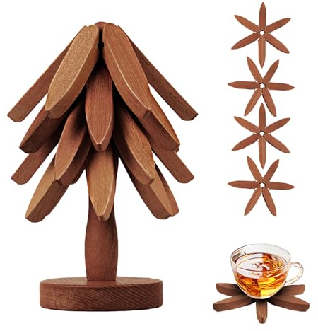 mumisuto Dessous De Plat en Bois pour Plats Chauds, 4 pièces Pliable Arbre Dessous de Plat en Bois, Tapis de Dessous de Plats Antidérapant pour Bols, Théière, Poêles, Grande Casseroles (Marron)