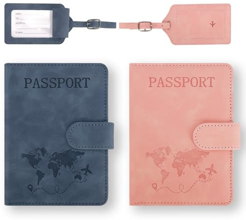 GADITIEK 2 Stücke Reisepasshülle, Passport Hülle und Kofferanhänger Set, Passport Cover mit RFID-Blocker, Reisepass Hülle Holder, Passhülle Organizer Wallet, Reise Must Haves Gadgets (Blau + Rosa)