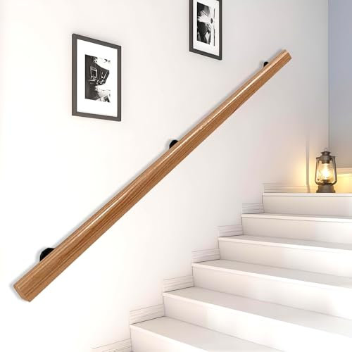 Pasamanos De Madera Redondo, Barandilla De Escalera Interiores, Antideslizante Barra De Soporte para Pasillo con Kit Completo, De 50-400 cm, Con 2 Soportes Para Ancianos (madera, 100cm)