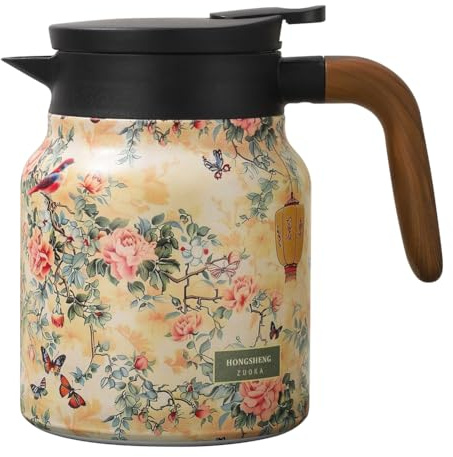 Vintage Tea Thermo s Built-in Infuser, 1000ml Floral Thermo s Tea Pot, Floral Stainless Steel Tea Kettle with Lid, Tea Pot with Infuser, Hot Drinks Insulated Bottle with Fine Filter