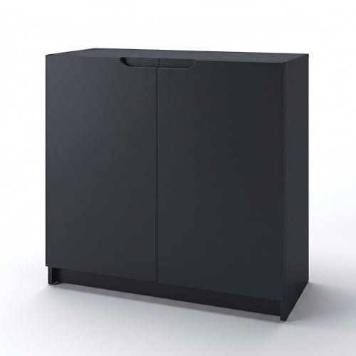 Vladon Sideboard Logan, Made in Germany, Kommode mit 2 Türen, Schwarz matt/Schwarz matt (82 x 78 x 37 cm)