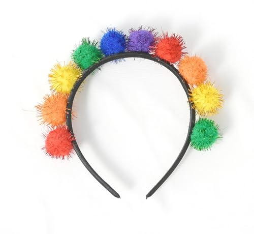 Kielsjajd Haarreif Pompon Karneval Haarband Regenbogen mit Bunte Pompons Glänzender Stirnband Fasching Kostüm Clown Haarschmuck Bommel Kopfschmuck Karnevalskostüm Accessoires Geburtstag Mottoparty