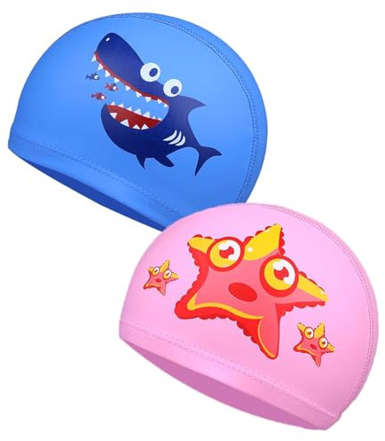 FOUNSHO 2 Pieces Kids Swimming Cap, Stretchy Swim Cap for Girls Boys, Comfortable Child Swimming Hat, Cartoon Swim Hats Waterproof Swimming Cap for Children Teens Age 4-10, Keep Hair Dry (Blue+Pink)
