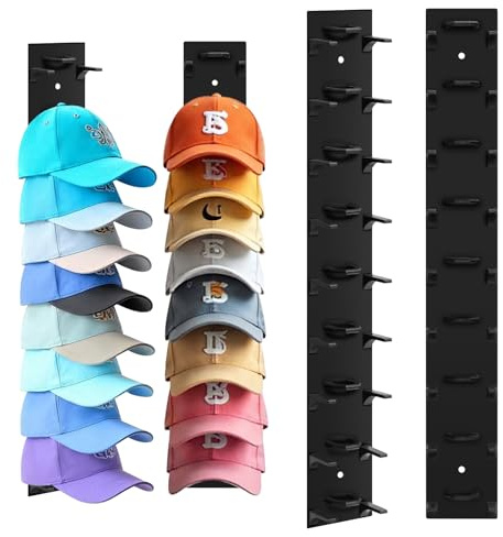 Hat Organizer for Baseball Caps, 2 Pack Hat Rack for Wall Hold up to 18 Hats Strong Adhesive Hat Hooks Stand Multilayer Hat Hanger Organizer Storage Holder Display for Door Closet Bedroom（Black)